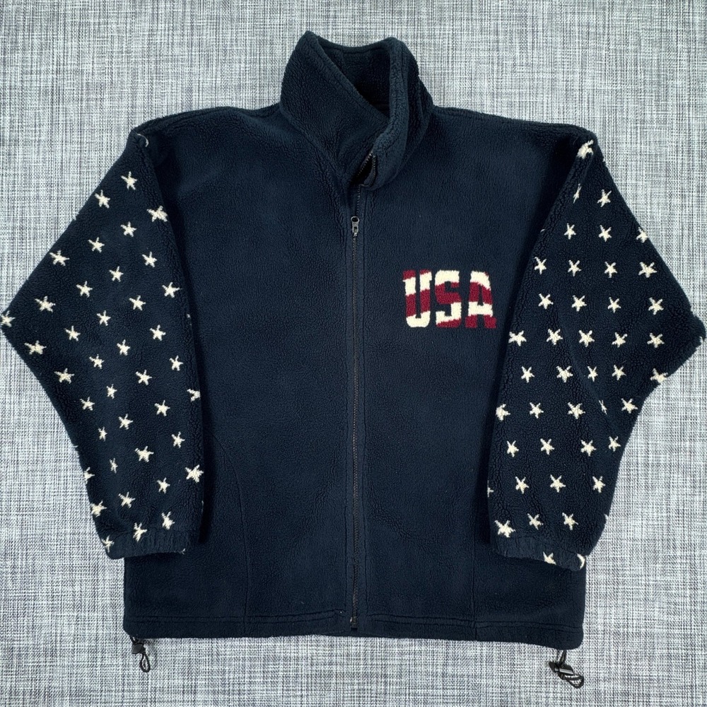 Vintage Bear Ridge Outfitters Men's USA Flag Fleece Jacket Medium Navy Stars